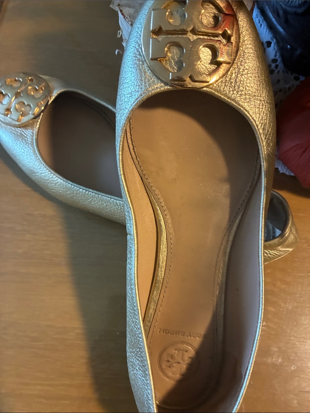 Tory Burch Gold Metallic Logo Leather Ballet Flats